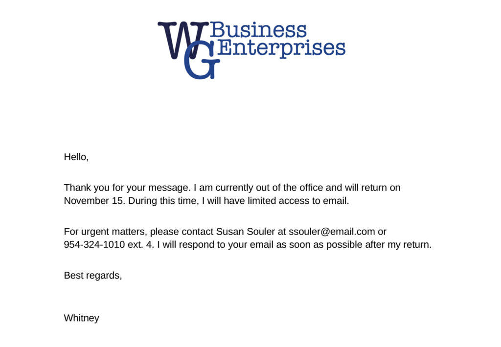 WGB Out of Office Letter Example