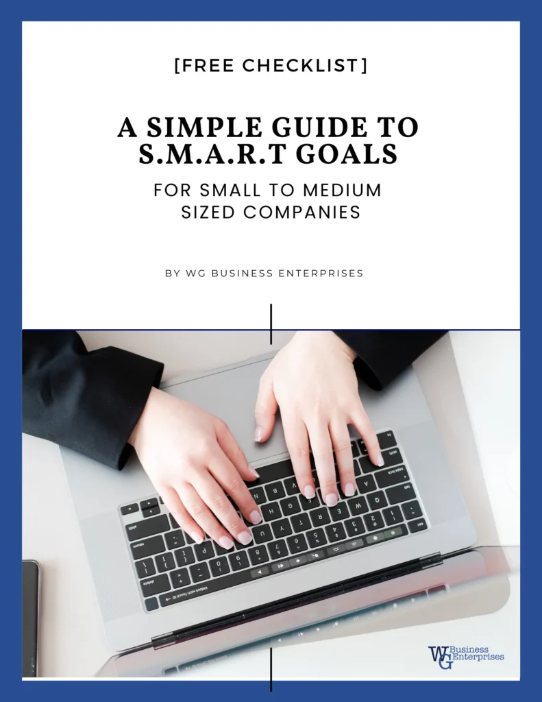 Cover image for a free downloadable checklist guide titled 'A Simple Guide to SMART Goals' Shows Hands Typing on Keyboard