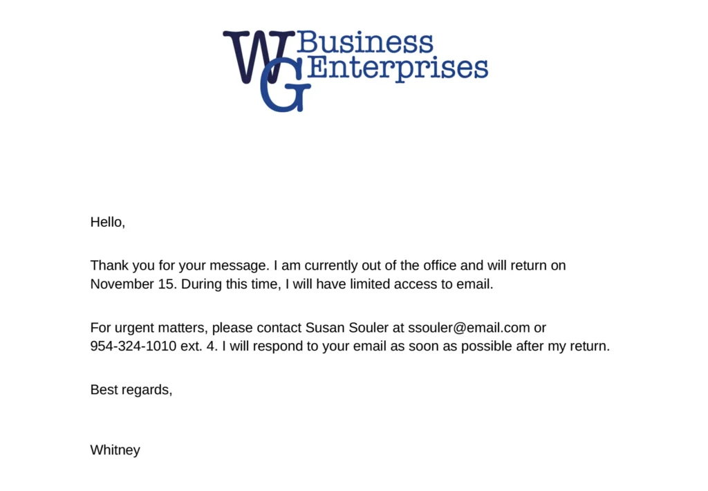 WGB Out of Office Letter Example