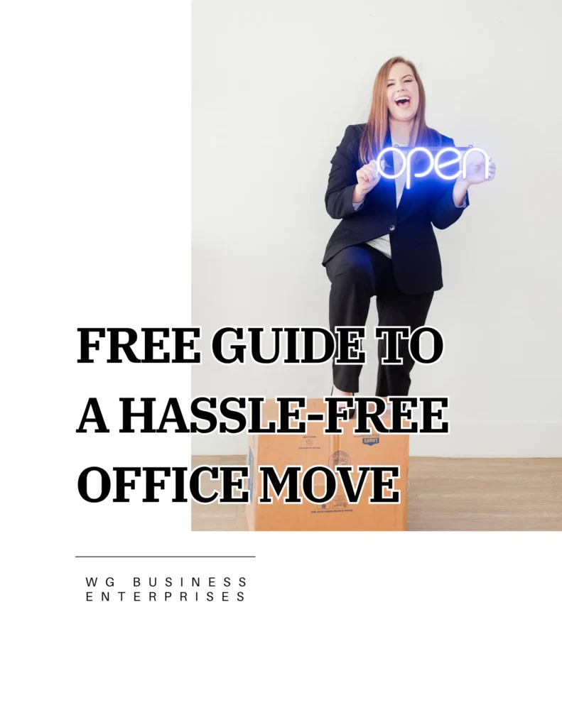 Cover of 'Free Guide to a Hassle-Free Office Move' Shows Whitney Holding an 'open' Sign