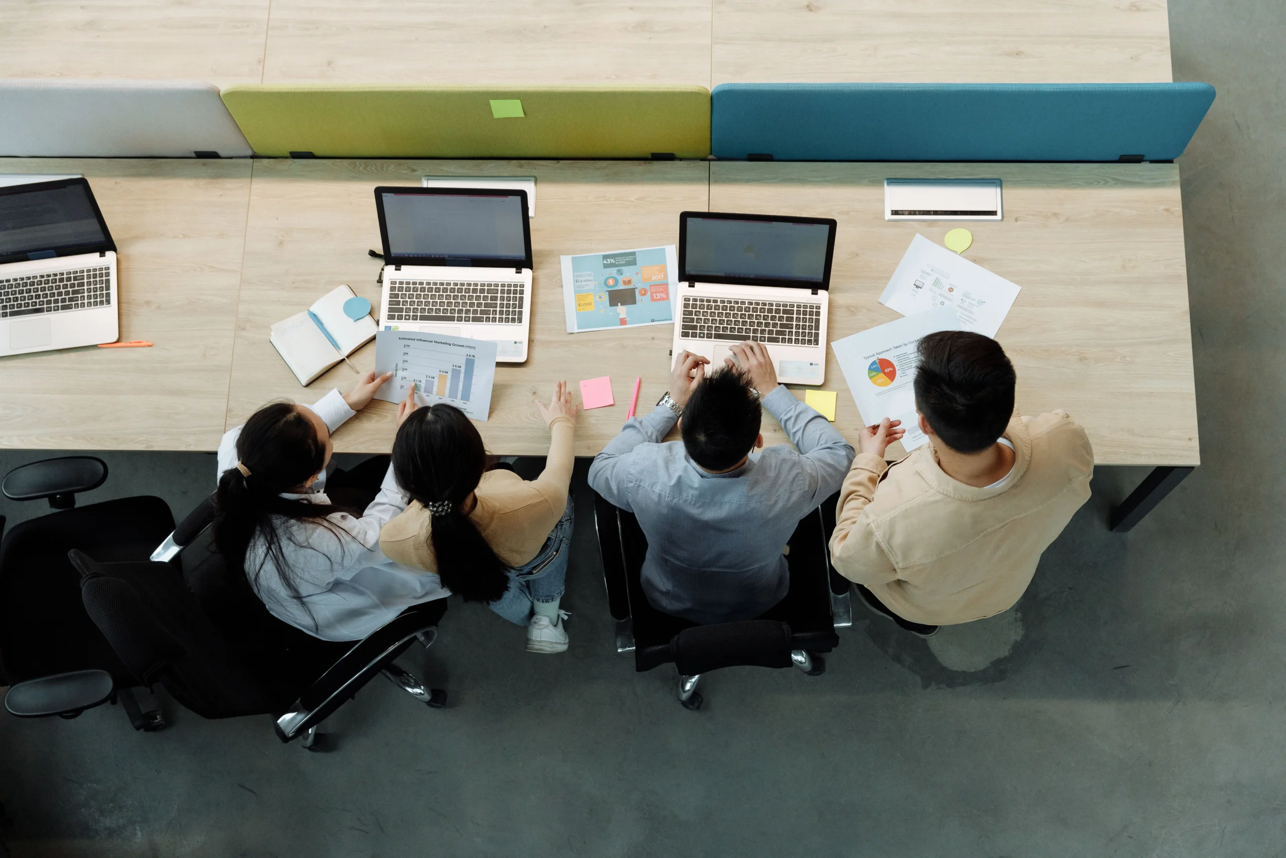 Aerial View of 4 Colleagues Working at Desk