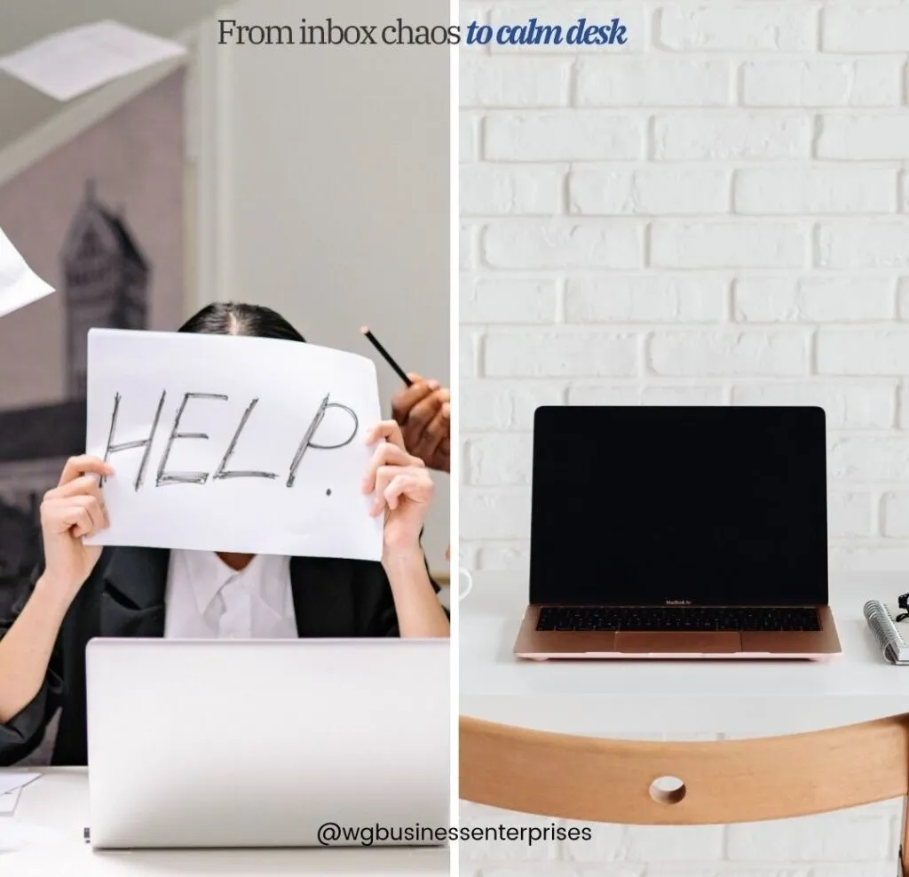 Person at Desk Holding Up "Help" Sign on Left and Organized Desk on Right
