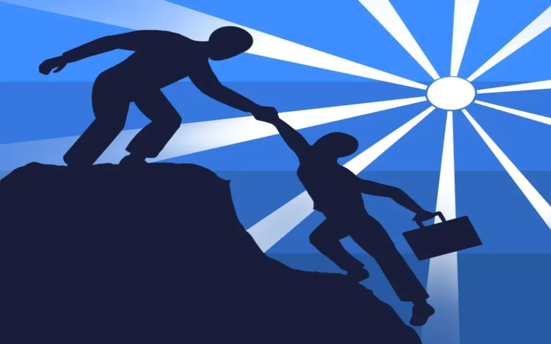 Figure of Person Holding Hands of Another Person Helping Up Mountain
